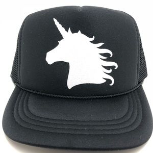 Youth white glitter unicorn black trucker hat